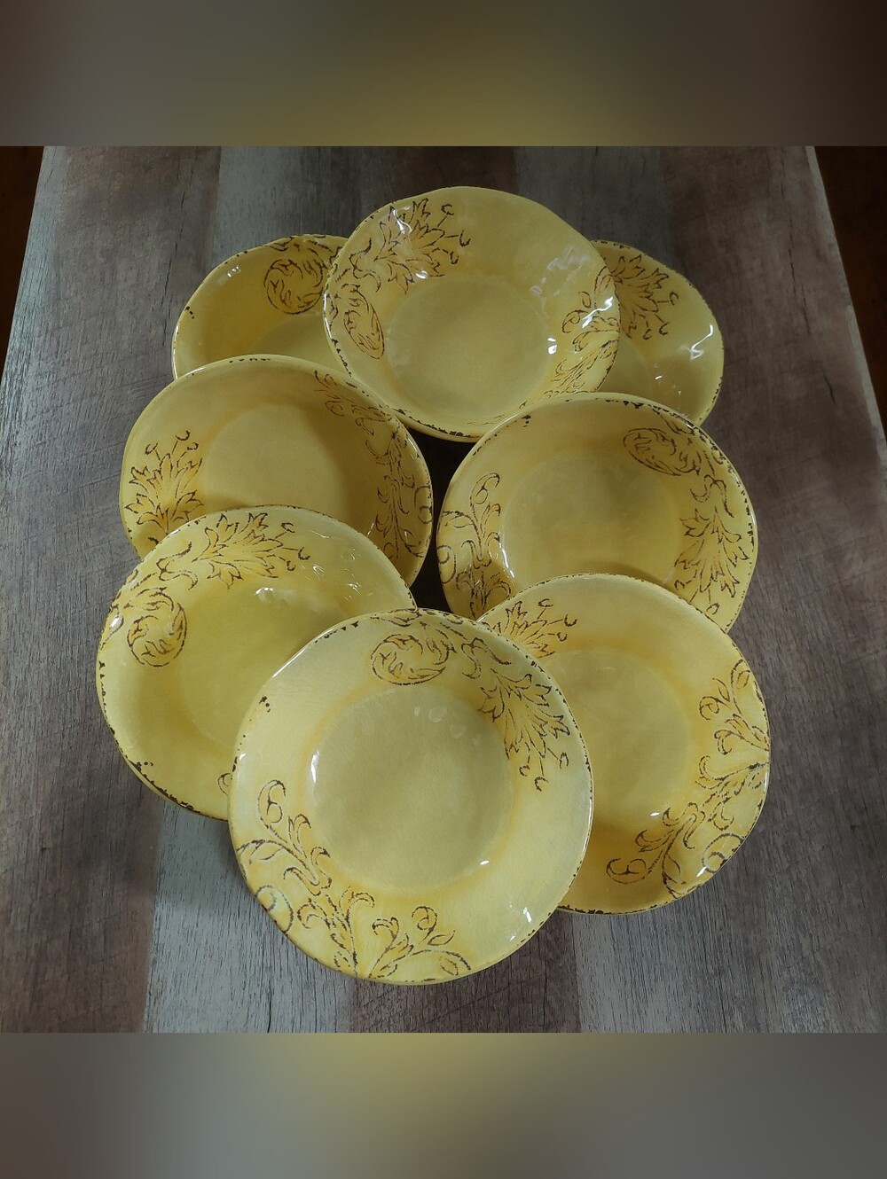 Cynthia Rowley Melamine Bowls 7" Aphorism Crackled Yellow Floral Cereal Set of 8